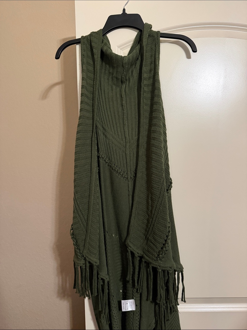 Sleeveless Olive Open-Front Fringe Knit Vest